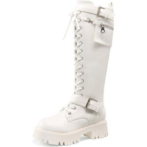 Women's Leather White Combat Platform Knee High Lace Up Boots Motorcycle Boots